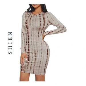0468W. SHEIN BODYCON LONG SLEEVE DRESS BROWN‎ TIE DYE MINI LENGTH SIZE SMALL